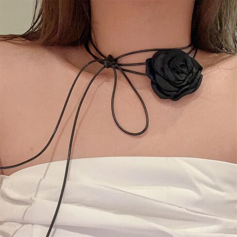 Flower Necklace For Women Girls Black Flower Choker Adjustable Long Wrap Necklace Rose Flower Choker Bride Wedding Party Summer Necklaces Prom Party Statement Accessories in Saudi Arabia