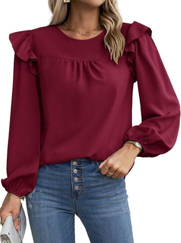 بلوزة نسائية بأكمام طويلة من AOVDE - قمصان فضفاضة كاجوال برقبة دائرية وأكمام واسعة in Kuwait