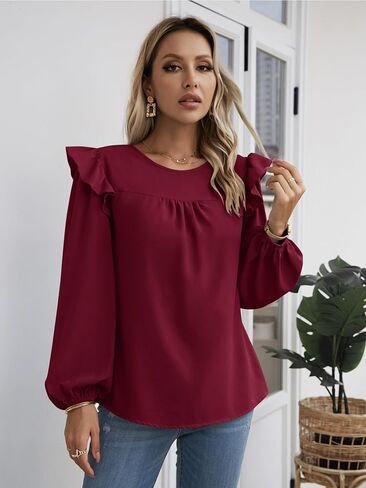 بلوزة نسائية بأكمام طويلة من AOVDE - قمصان فضفاضة كاجوال برقبة دائرية وأكمام واسعة in Kuwait