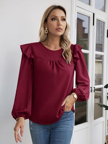 بلوزة نسائية بأكمام طويلة من AOVDE - قمصان فضفاضة كاجوال برقبة دائرية وأكمام واسعة in Kuwait