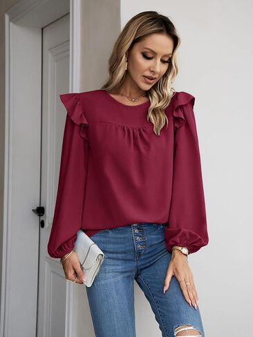 بلوزة نسائية بأكمام طويلة من AOVDE - قمصان فضفاضة كاجوال برقبة دائرية وأكمام واسعة in Kuwait