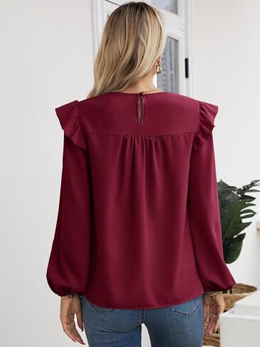 بلوزة نسائية بأكمام طويلة من AOVDE - قمصان فضفاضة كاجوال برقبة دائرية وأكمام واسعة in Kuwait