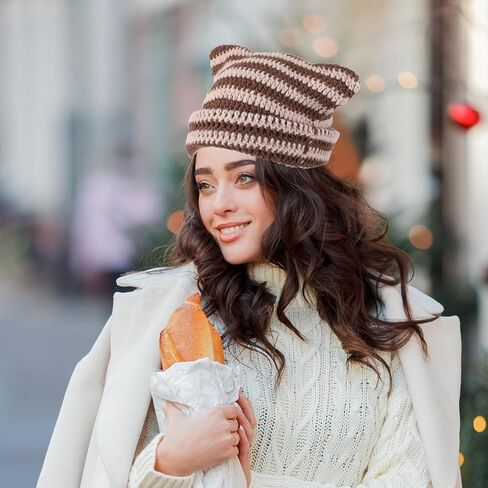 Cute Cat Ear Beanie Lazy Style Y2k Beanies, Winter Warm Crochet Hats for Women Girls Boys in Saudi Arabia