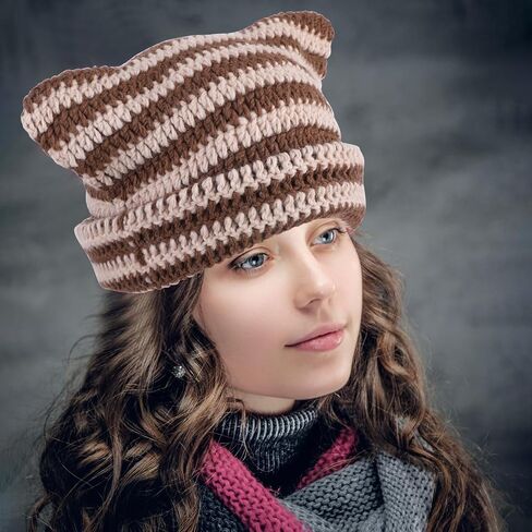 Cute Cat Ear Beanie Lazy Style Y2k Beanies, Winter Warm Crochet Hats for Women Girls Boys in Saudi Arabia