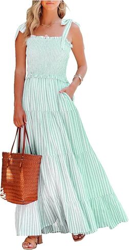 R.Vivimos Women's Summer Cotton Adjustable Straps Boho Stripe Casual Flowy A Line Midi Dress with Pockets in Kuwait