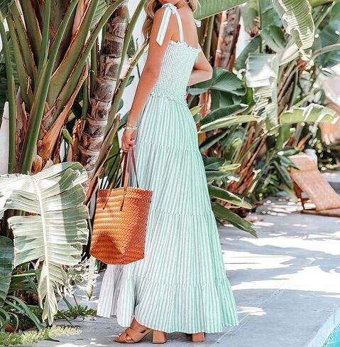 R.Vivimos Women's Summer Cotton Adjustable Straps Boho Stripe Casual Flowy A Line Midi Dress with Pockets in Kuwait