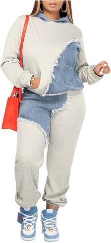 طقم بدلة رياضية كاجوال من قطعتين للنساء من اينوبينك من قماش الدينيم باكمام طويلة وسروال بغطاء للراس وجيوب in Kuwait