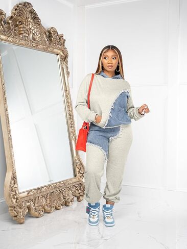 طقم بدلة رياضية كاجوال من قطعتين للنساء من اينوبينك من قماش الدينيم باكمام طويلة وسروال بغطاء للراس وجيوب in Kuwait