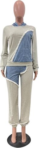 طقم بدلة رياضية كاجوال من قطعتين للنساء من اينوبينك من قماش الدينيم باكمام طويلة وسروال بغطاء للراس وجيوب in Kuwait