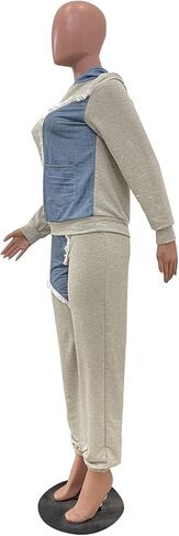 طقم بدلة رياضية كاجوال من قطعتين للنساء من اينوبينك من قماش الدينيم باكمام طويلة وسروال بغطاء للراس وجيوب in Kuwait