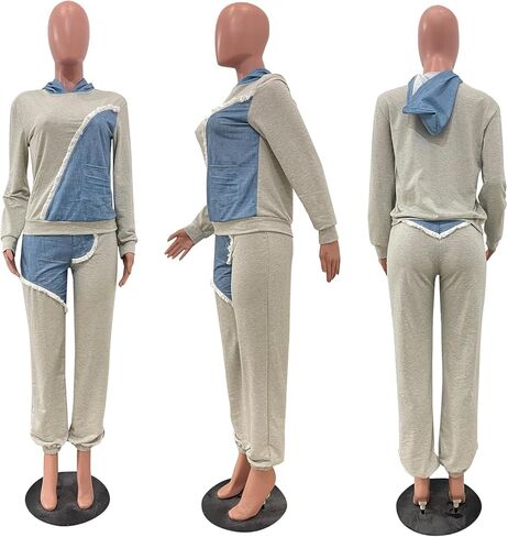 طقم بدلة رياضية كاجوال من قطعتين للنساء من اينوبينك من قماش الدينيم باكمام طويلة وسروال بغطاء للراس وجيوب in Kuwait
