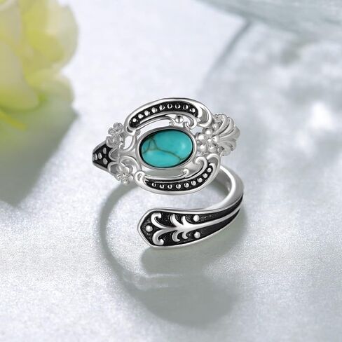Peireara Turquoise Spoon Ring for Women 925 Sterling Silver Turquoise Rings Vintage Victorian Flower Spoon Rings Jewelry Gifts for Women in Kuwait