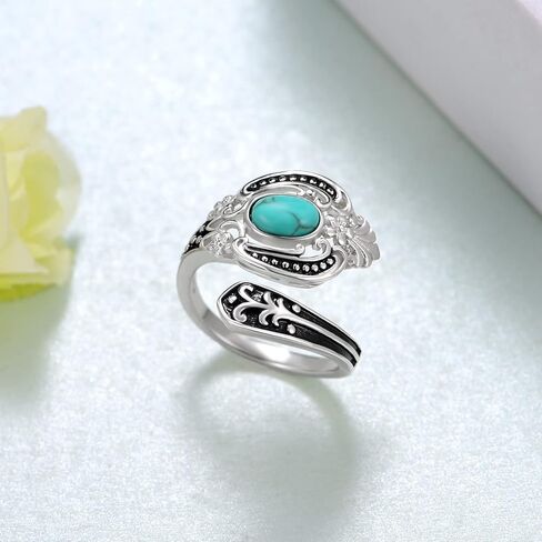 Peireara Turquoise Spoon Ring for Women 925 Sterling Silver Turquoise Rings Vintage Victorian Flower Spoon Rings Jewelry Gifts for Women in Kuwait