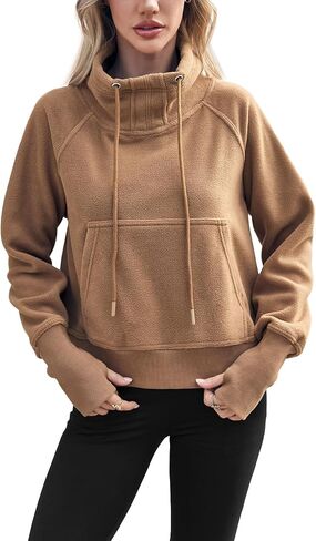 Fisoew Fleece Sweatshirts for Women Crop Fall Long Sleeve Turtle Neck Pullover Jacket Thumb Hole in Kuwait