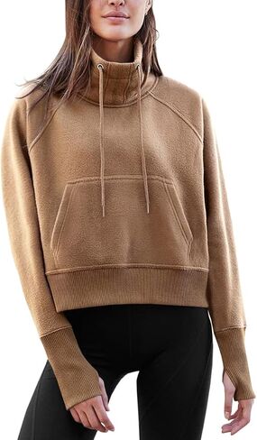 Fisoew Fleece Sweatshirts for Women Crop Fall Long Sleeve Turtle Neck Pullover Jacket Thumb Hole in Kuwait