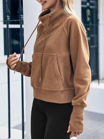 Fisoew Fleece Sweatshirts for Women Crop Fall Long Sleeve Turtle Neck Pullover Jacket Thumb Hole in Kuwait