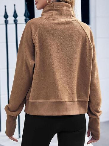 Fisoew Fleece Sweatshirts for Women Crop Fall Long Sleeve Turtle Neck Pullover Jacket Thumb Hole in Kuwait