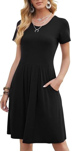 DouBCQ Women's Casual Flowy Pleated Loose Dresses with Pockets in Kuwait