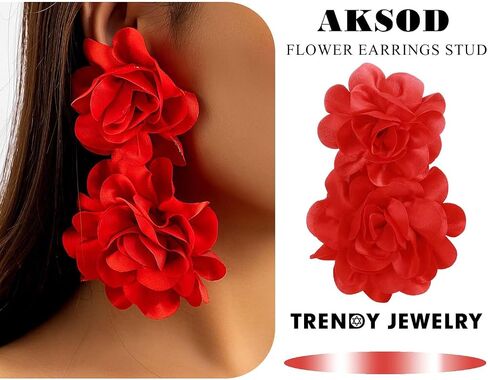 Aksod Large Flower Statement Earrings Red Fabric Flower Earrings Stud Oversized Exaggerated Dangle Earrings Jewelry for Women and Girls in Kuwait