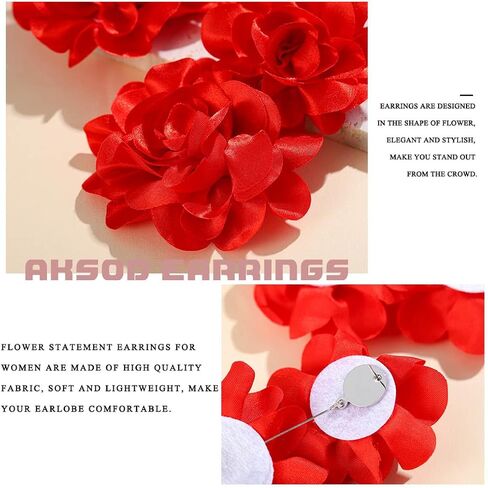 Aksod Large Flower Statement Earrings Red Fabric Flower Earrings Stud Oversized Exaggerated Dangle Earrings Jewelry for Women and Girls in Kuwait