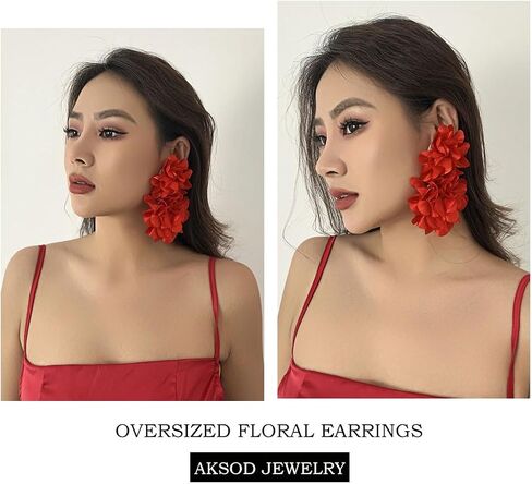 Aksod Large Flower Statement Earrings Red Fabric Flower Earrings Stud Oversized Exaggerated Dangle Earrings Jewelry for Women and Girls in Kuwait