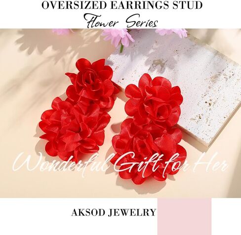 Aksod Large Flower Statement Earrings Red Fabric Flower Earrings Stud Oversized Exaggerated Dangle Earrings Jewelry for Women and Girls in Kuwait