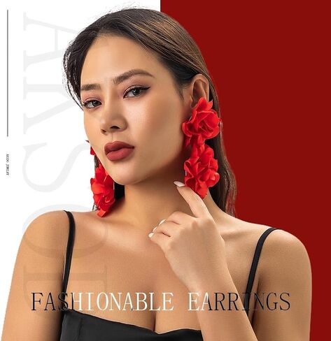 Aksod Large Flower Statement Earrings Red Fabric Flower Earrings Stud Oversized Exaggerated Dangle Earrings Jewelry for Women and Girls in Kuwait