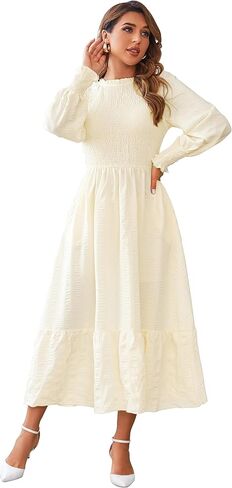 VintageClothing المرأة 2023 خريف غير رسمي فساتين متوسطة الطول كم طويل رقبة دائرية Smocked Flowy طبقات فستان طويل مع جيوب in Kuwait