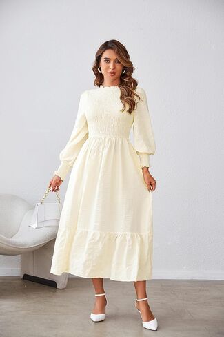 VintageClothing المرأة 2023 خريف غير رسمي فساتين متوسطة الطول كم طويل رقبة دائرية Smocked Flowy طبقات فستان طويل مع جيوب in Kuwait