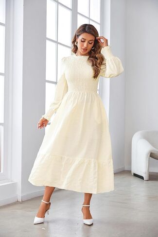 VintageClothing المرأة 2023 خريف غير رسمي فساتين متوسطة الطول كم طويل رقبة دائرية Smocked Flowy طبقات فستان طويل مع جيوب in Kuwait