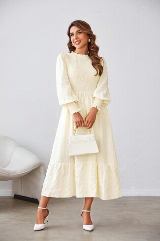VintageClothing المرأة 2023 خريف غير رسمي فساتين متوسطة الطول كم طويل رقبة دائرية Smocked Flowy طبقات فستان طويل مع جيوب in Kuwait
