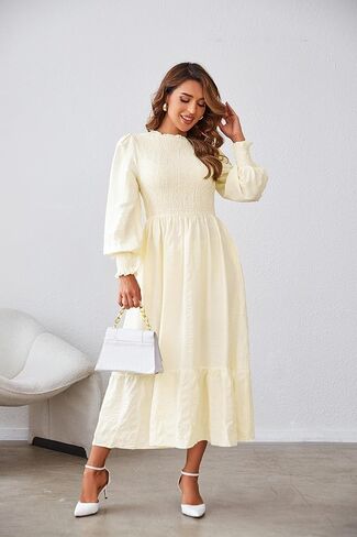 VintageClothing المرأة 2023 خريف غير رسمي فساتين متوسطة الطول كم طويل رقبة دائرية Smocked Flowy طبقات فستان طويل مع جيوب in Kuwait