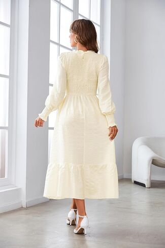 VintageClothing المرأة 2023 خريف غير رسمي فساتين متوسطة الطول كم طويل رقبة دائرية Smocked Flowy طبقات فستان طويل مع جيوب in Kuwait