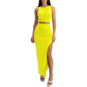 TOPONSKY Women's 2 Piece Crew Neck Sleeveless Tank Top Bodycon Slit Long Skirt Outfits Dress Set