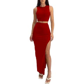 TOPONSKY Women's 2 Piece Crew Neck Sleeveless Tank Top Bodycon Slit Long Skirt Outfits Dress Set in Kuwait