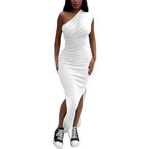 فستان نسائي بكتف واحد مثير بدون أكمام صيفي بفتحة جانبية مضلعة وحفلات الكوكتيل وحفلات النادي ماكسي in Kuwait