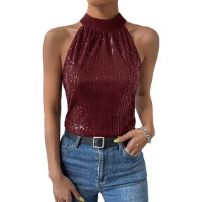 SweatyRocks Women's Tie Back Halter Neck Sleeveless Blouses Sequins Solid Summer Party Tank Tops Tee