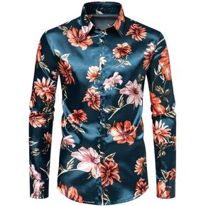 Mens Long Sleeve Printed Shirts Slim Fit Button Down Shiny Floral Silk Satin Dress Shirt for Party Prom Wedding