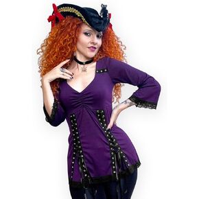 Dare to Wear Corsair Pirate Costume: Fancy Velour Hat, Jolly Roger Choker & Victorian Gothic Women's Dare Corset Top