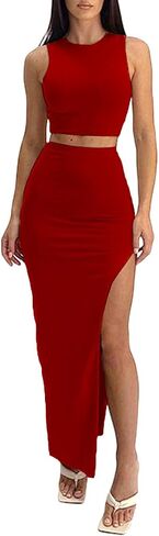 TOPONSKY Women's 2 Piece Crew Neck Sleeveless Tank Top Bodycon Slit Long Skirt Outfits Dress Set in Kuwait