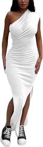 فستان نسائي بكتف واحد مثير بدون أكمام صيفي بفتحة جانبية مضلعة وحفلات الكوكتيل وحفلات النادي ماكسي in Kuwait