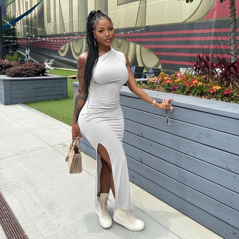 فستان نسائي بكتف واحد مثير بدون أكمام صيفي بفتحة جانبية مضلعة وحفلات الكوكتيل وحفلات النادي ماكسي in Kuwait