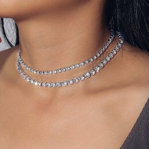 JONKY الطبقات حجر الراين المختنق قلادة فضية التنس القلائد الكريستال سلسلة العنق سباركلي الرقبة مجوهرات للنساء والفتيات in Kuwait