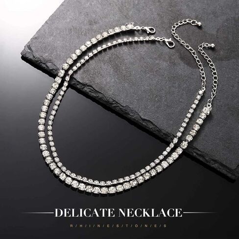 JONKY الطبقات حجر الراين المختنق قلادة فضية التنس القلائد الكريستال سلسلة العنق سباركلي الرقبة مجوهرات للنساء والفتيات in Kuwait