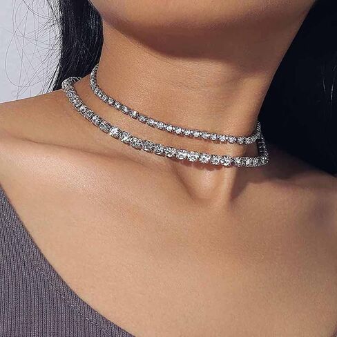 JONKY الطبقات حجر الراين المختنق قلادة فضية التنس القلائد الكريستال سلسلة العنق سباركلي الرقبة مجوهرات للنساء والفتيات in Kuwait