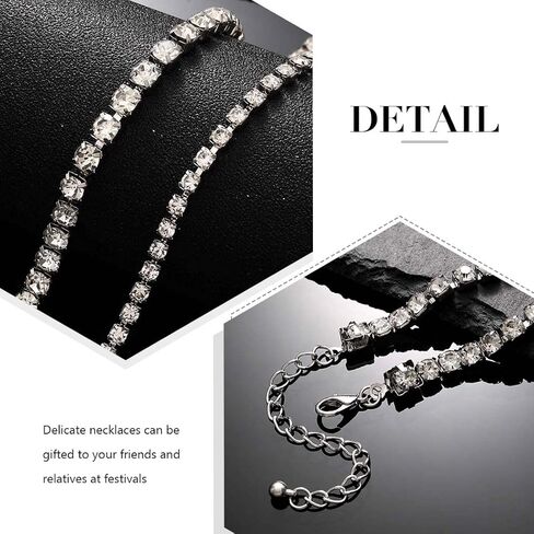 JONKY الطبقات حجر الراين المختنق قلادة فضية التنس القلائد الكريستال سلسلة العنق سباركلي الرقبة مجوهرات للنساء والفتيات in Kuwait