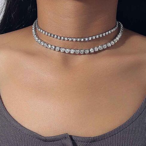 JONKY الطبقات حجر الراين المختنق قلادة فضية التنس القلائد الكريستال سلسلة العنق سباركلي الرقبة مجوهرات للنساء والفتيات in Kuwait