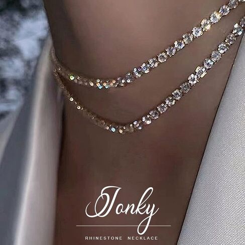 JONKY الطبقات حجر الراين المختنق قلادة فضية التنس القلائد الكريستال سلسلة العنق سباركلي الرقبة مجوهرات للنساء والفتيات in Kuwait