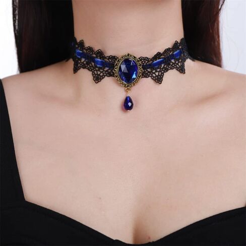Sither Women Halloween Choker Necklace Crystal Pendant Black Lace Gothic Necklace for Halloween Punk Costume Party Vampire Choker for Gift in Kuwait