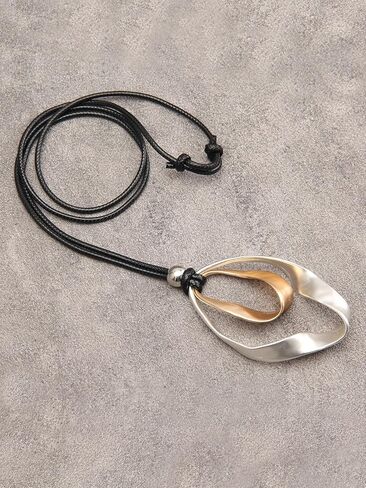 AZORA Handmade Bronze Color Multiple Ring Pendant Necklace Boho Style Long Leather Rope Sweater Necklace for Women in Kuwait